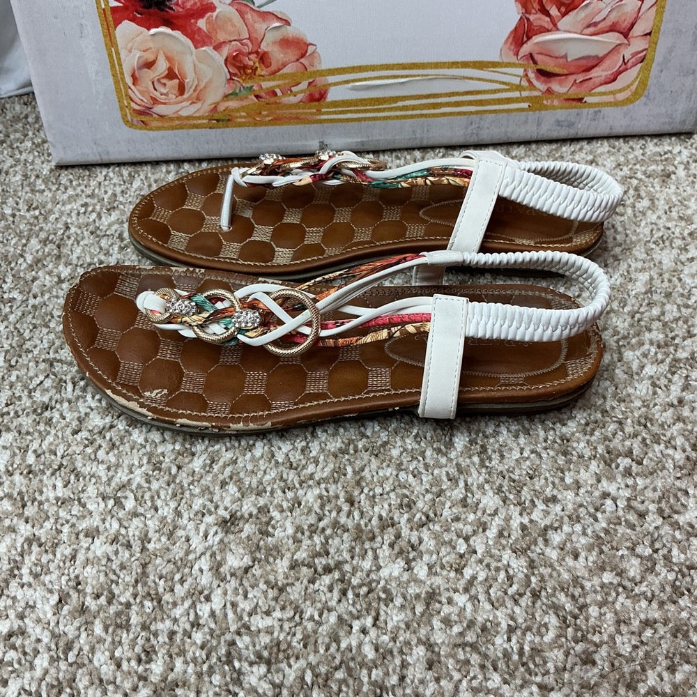 White Braided Slingback Toe-Loop Sandals with Brown Footbed
